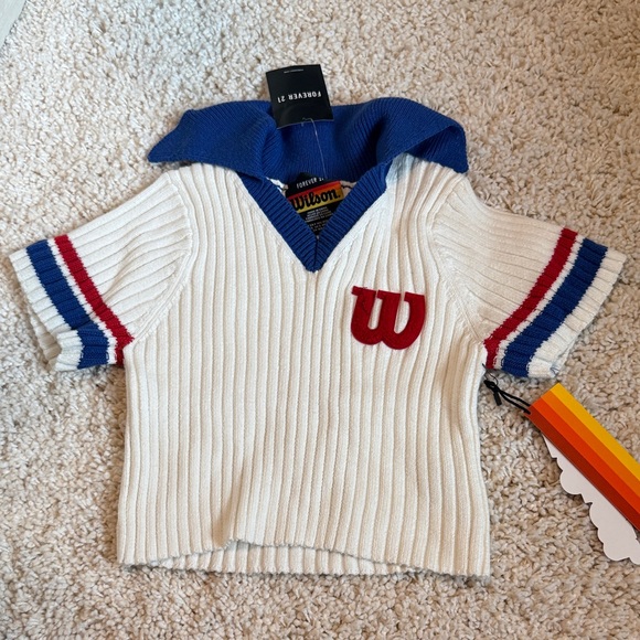 White blue Red Ribbed short Sleeve Top sweater new Wilson’s forever 21 crop - Picture 1 of 2